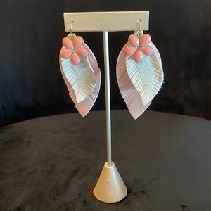 Brand new pink flower and feather-like dangly earrings; 3.5 inches long
